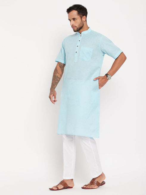 Vastramay Men's Aqua Blue Solid Kurta with White Pant Style Pyjama Set